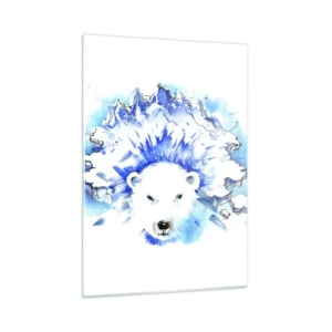 Obraz na szkle - Niedźwiedź polarny na tle lodowych gór w odcieniach błękitu - 50x70cm - Król Arktyki w lodowej koronie - Nowoczesna dekoracja ścienna do salonu, kuchni i sypialni ARTTOR