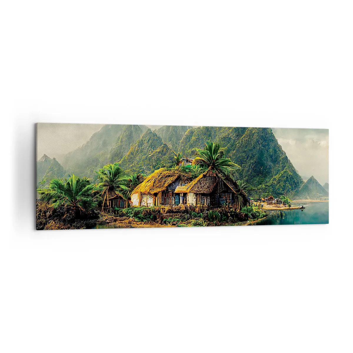 Obraz na płótnie - Tropikalna wyspa z palmami i górami w tle - 160x50cm - Tropikalny raj - Nowoczesna dekoracja ścienna do salonu i sypialni ARTTOR