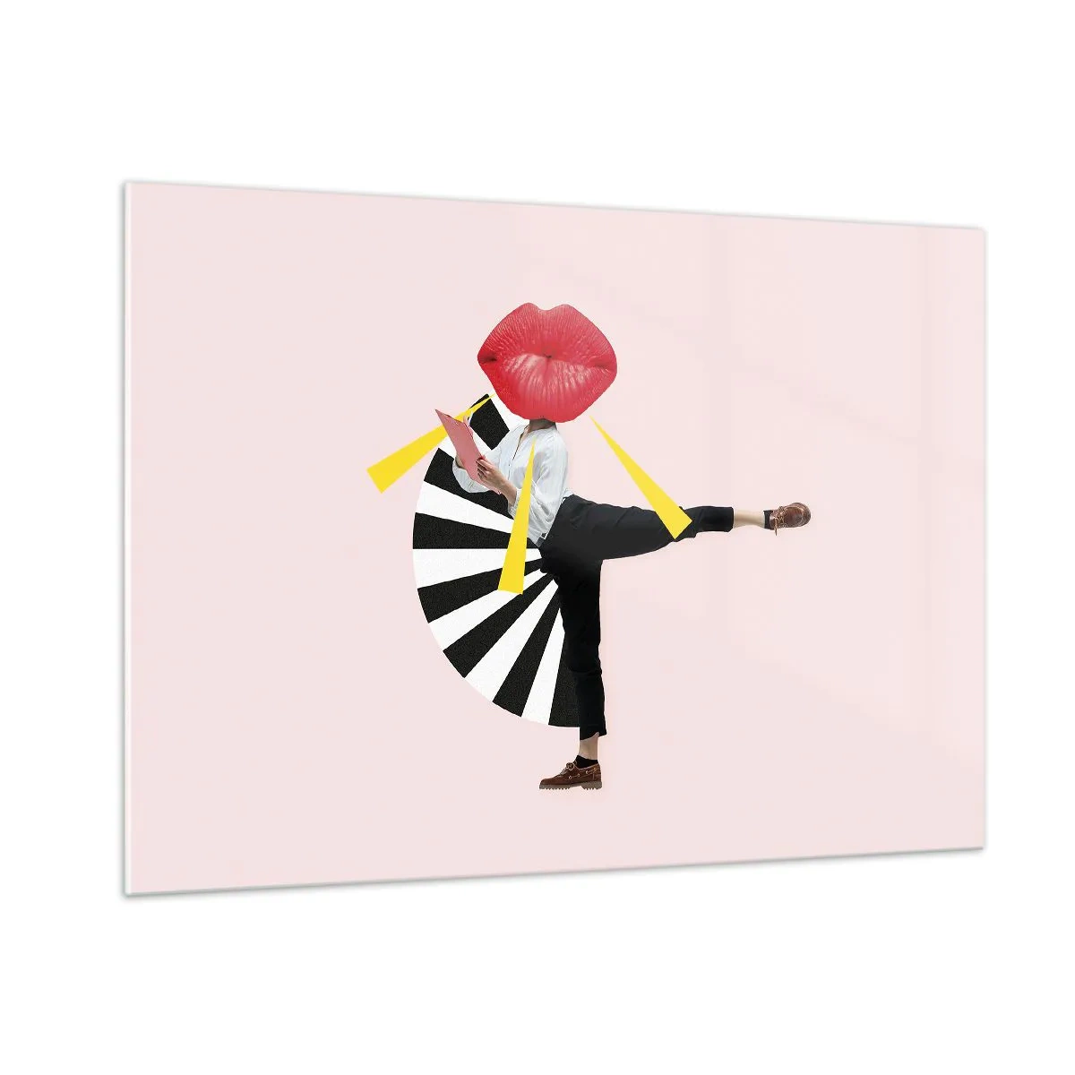 Obraz na szkle - Surrealistyczna kompozycja pop-art z postacią z wielkimi ustami na tle różowego tła - 100x70cm - Surrealistyczny pop-art - Nowoczesna dekoracja ścienna do salonu, kuchni i sypialni ARTTOR