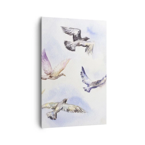 Obraz na płótnie - Akwarelowe ptaki w locie na tle delikatnego nieba - 80x120cm - Wolność w szarości i błękicie - Nowoczesna dekoracja ścienna do salonu i sypialni ARTTOR