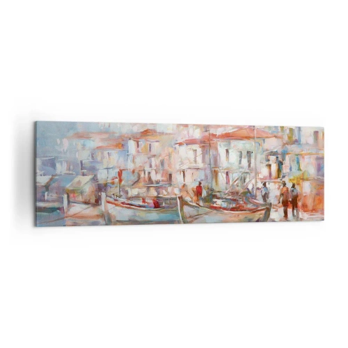 Obraz na płótnie - Impresja portowa z łodziami i budynkami - 160x50cm - Pastelowe wakacje - Nowoczesna dekoracja ścienna do salonu i sypialni ARTTOR
