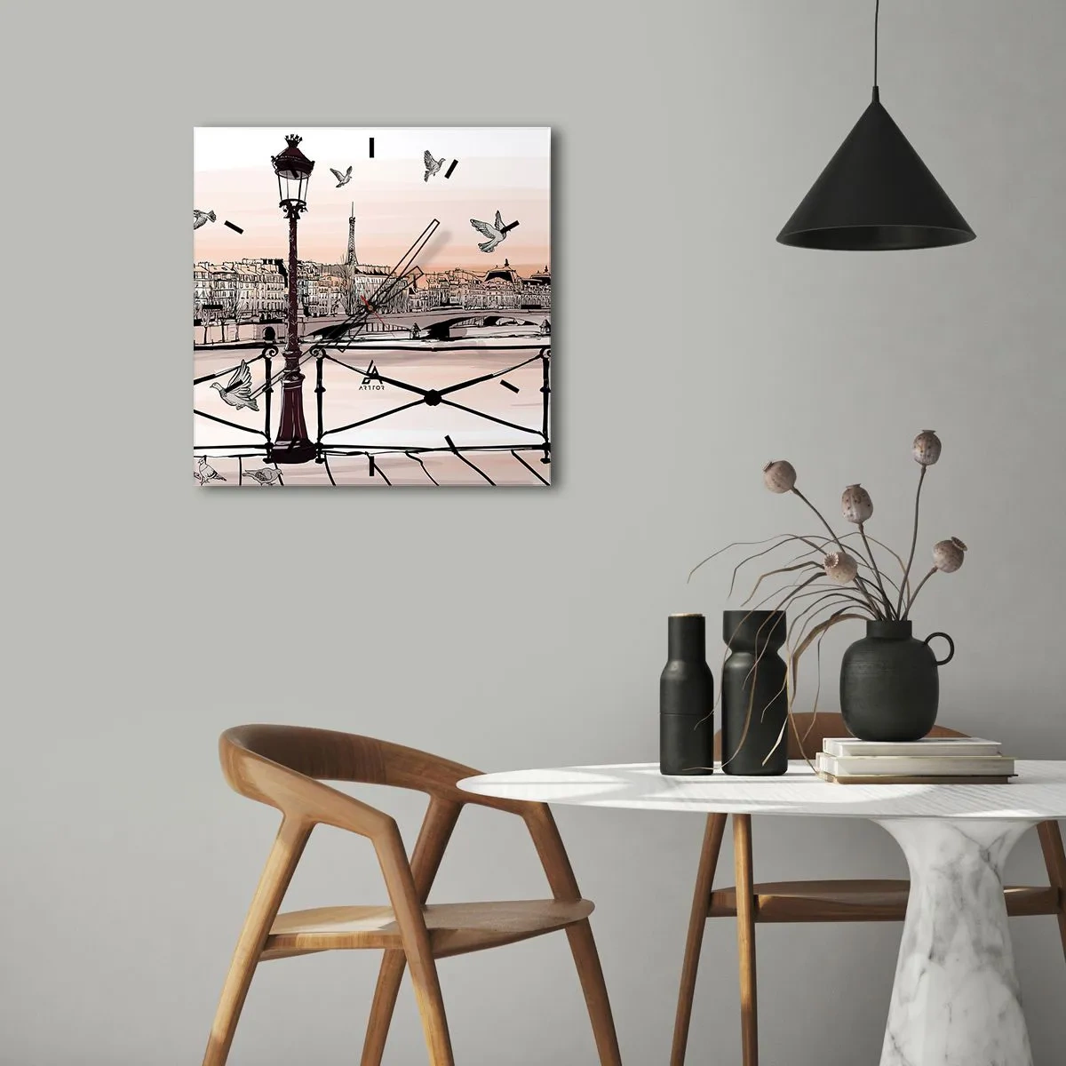 Zegar ścienny - Paryski widok z latarnią i mostem - 30x30cm - Nad dachami Paryża - Nowoczesna dekoracja ścienna do salonu i sypialni ARTTOR