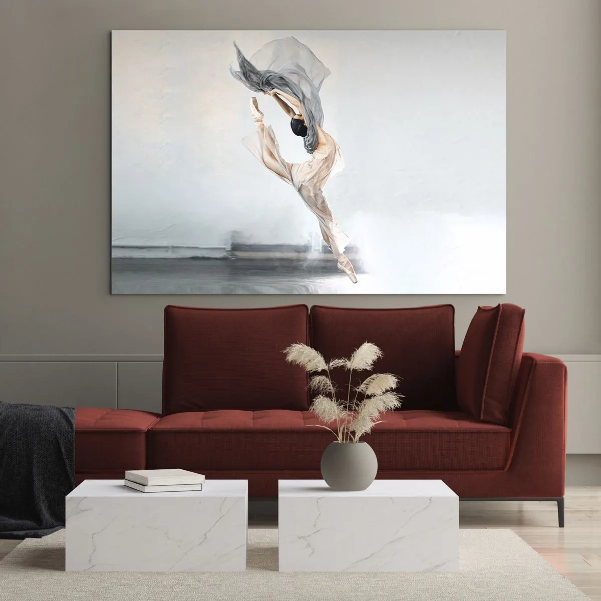 Obraz na szkle - Baletnica w dynamicznym skoku w delikatnym świetle - 70x50cm - W tanecznym uniesieniu - Nowoczesna dekoracja ścienna do salonu i sypialni ARTTOR