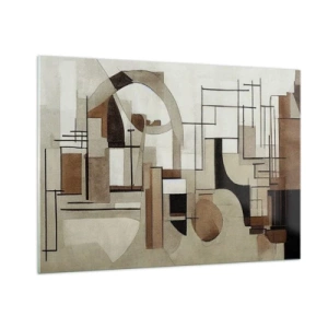 Obraz na szkle - Geometryczny pejzaż w odcieniach brązu i beżu - 100x70cm - Pejzaż miejski 2.0 - Nowoczesna dekoracja ścienna do salonu, kuchni i sypialni ARTTOR