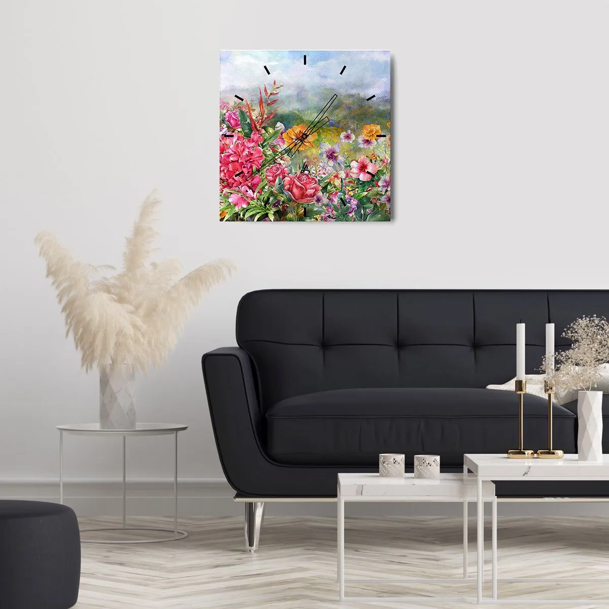 Zegar ścienny - Barwna kompozycja kwiatów na tle pejzażu w pastelowych kolorach - 30x30cm - Ogród, który oszalał - Nowoczesna dekoracja ścienna do salonu i sypialni ARTTOR