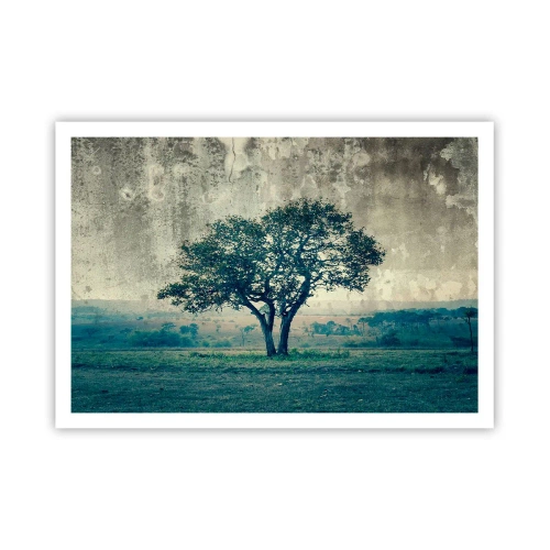 Plakat - Samotne drzewo na tle zamglonego krajobrazu - 100x70cm - Jabłoń na błękitnym błoniu? - Nowoczesna dekoracja ścienna do salonu i sypialni ARTTOR