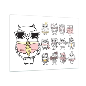 Obraz na szkle - Zabawne rysunki sów w różnorodnych stylizacjach - 100x70cm - Tyle ról do zagrania - Nowoczesna dekoracja ścienna do salonu, kuchni i sypialni ARTTOR