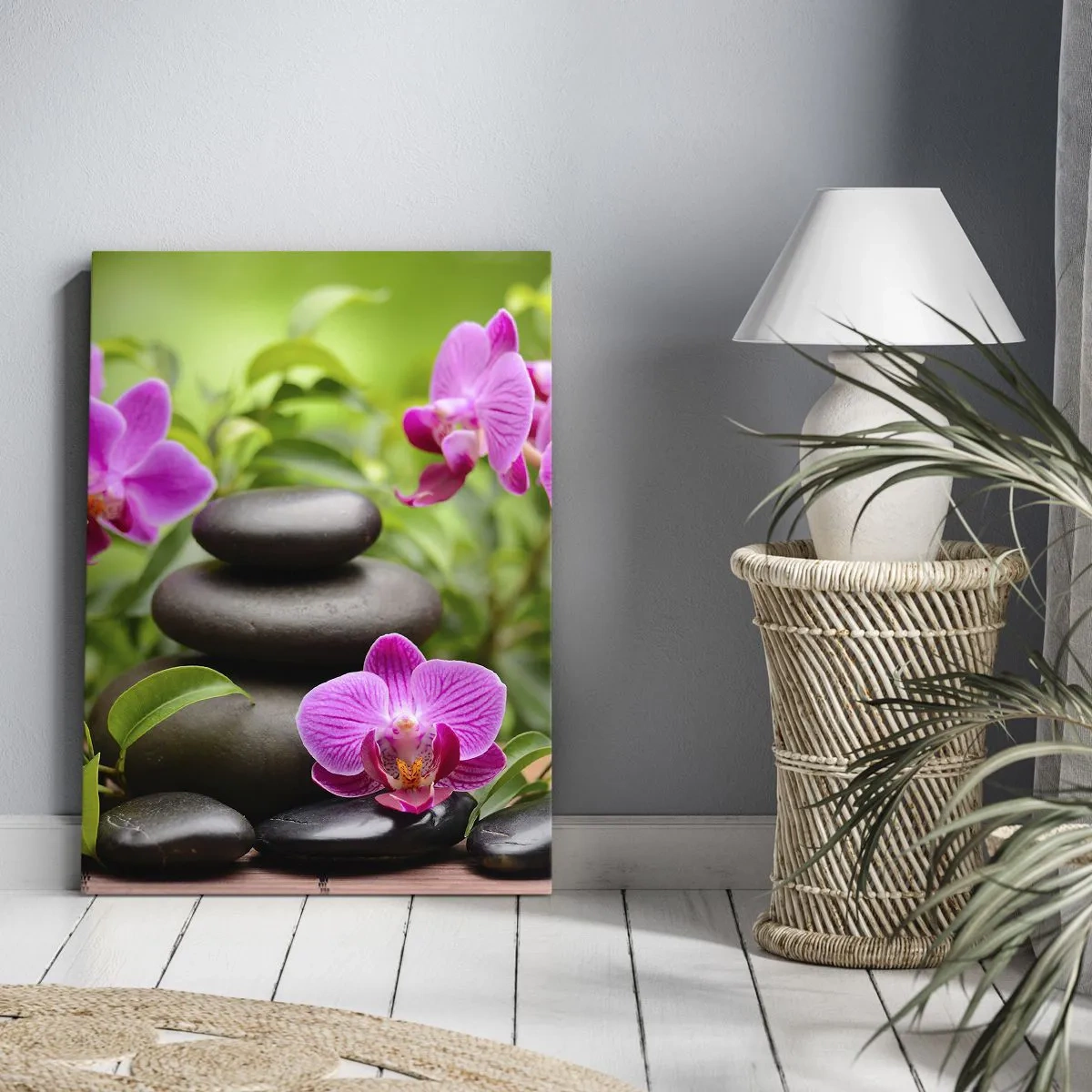 Obraz na płótnie - Orchidee i kamienie w harmonijnej kompozycji - 50x70cm - Piramida spokoju - Nowoczesna dekoracja ścienna do salonu, kuchni i sypialni ARTTOR