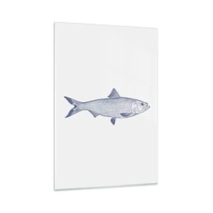 Obraz na szkle - Ilustracja ryby w odcieniach niebieskiego na jasnym tle - 80x120cm - Pozdrowienia z północnych mórz - Nowoczesna dekoracja ścienna do salonu i sypialni ARTTOR