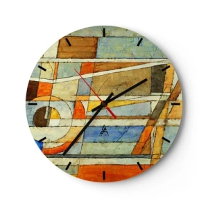 Zegar ścienny - Abstrakcyjny wzór z kolorami pomarańczowym, beżowym i niebieskim - 30x30cm - Kubizm na budowie - Nowoczesna dekoracja ścienna do salonu, kuchni i sypialni ARTTOR