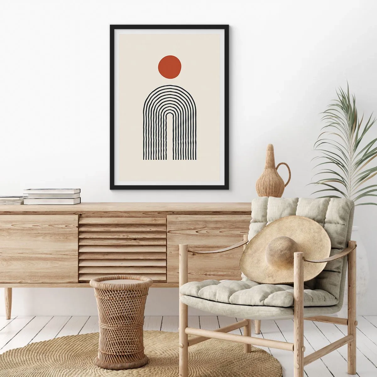 Plakat w czarnej ramie - Geometryczna abstrakcja z liniowym łukiem i czerwonym kołem - 50x70cm - Magnetyzm kształtów i barw - Nowoczesna dekoracja ścienna do salonu i sypialni ARTTOR