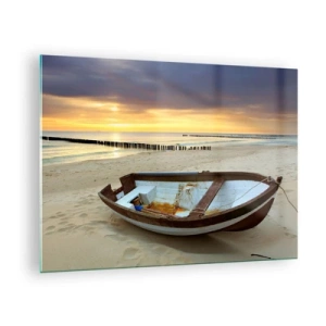 Obraz na szkle - Łódź na piaszczystej plaży o wschodzie słońca - 70x50cm - Nie ma piękniejszych plaż - Nowoczesna dekoracja ścienna do salonu i sypialni ARTTOR