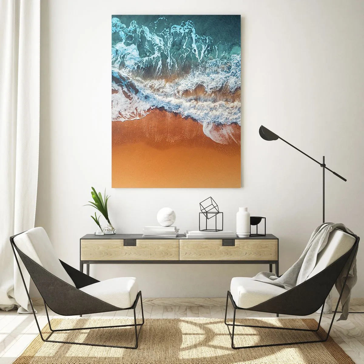 Obraz na szkle - Fale oceanu uderzające o brzeg z lotu ptaka - 50x70cm - Zawsze w parze - Nowoczesna dekoracja ścienna do salonu, kuchni i sypialni ARTTOR