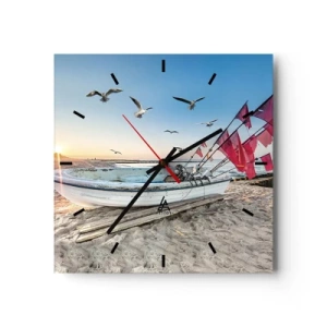 Zegar ścienny - Łódka na plaży o świcie z mewami i czerwonymi flagami - 30x30cm - Zasłużony odpoczynek - Nowoczesna dekoracja ścienna do salonu i sypialni ARTTOR