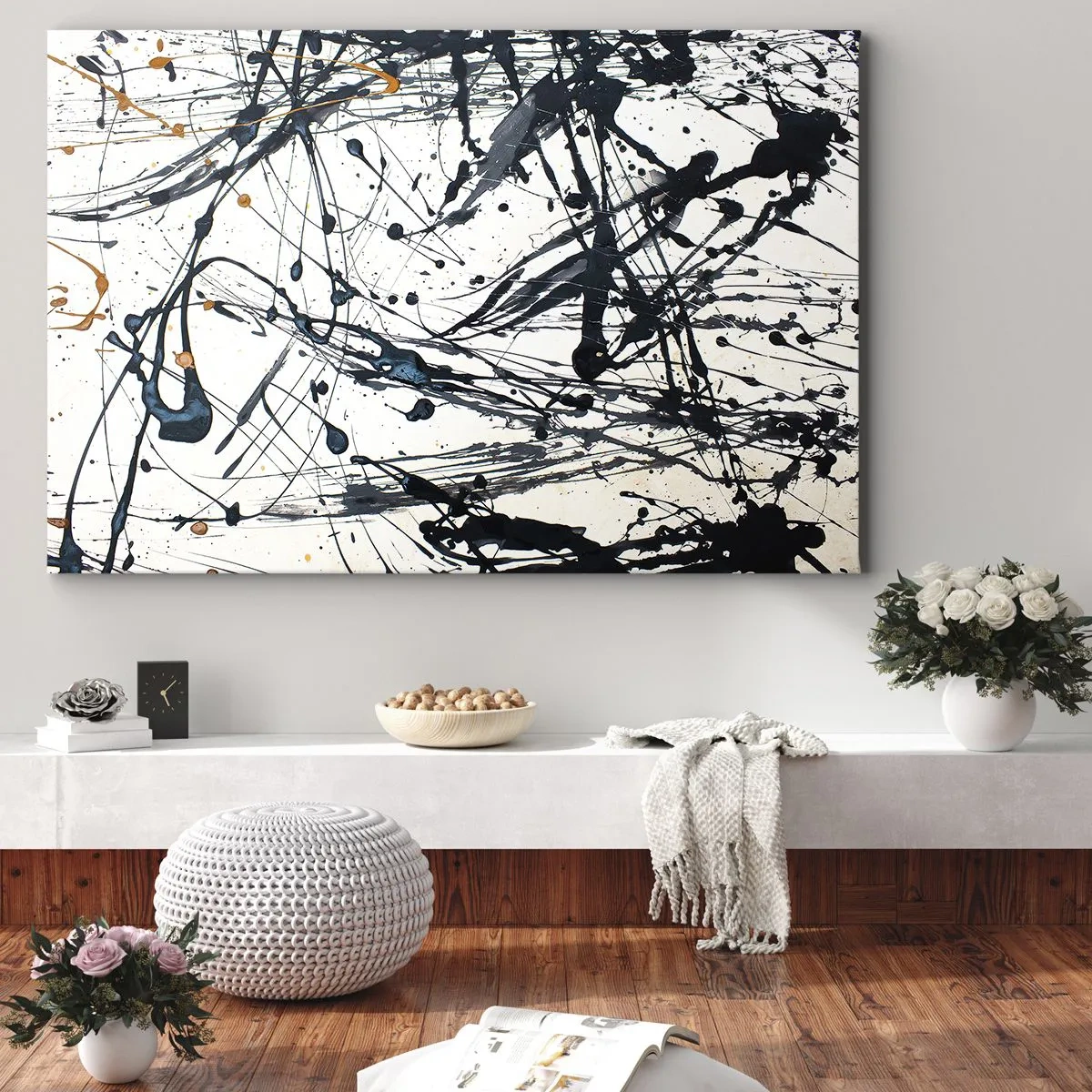 Obraz na płótnie - Abstrakcyjny obraz z rozpryskami farby w dynamicznych wzorach - 70x50cm - Abstrakcja ekspresjonistyczna - Nowoczesna dekoracja ścienna do salonu i sypialni ARTTOR