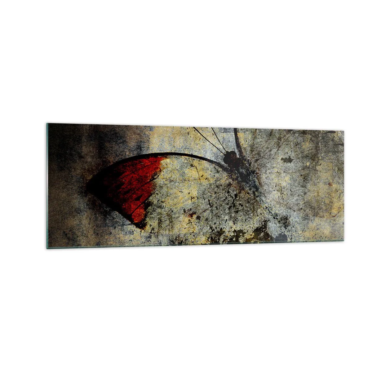 Obraz na szkle - Motyl w odcieniach czerwieni i szarości na teksturowanym tle - 140x50cm - Patrz, zanim zniknę - Nowoczesna dekoracja ścienna do salonu i sypialni ARTTOR