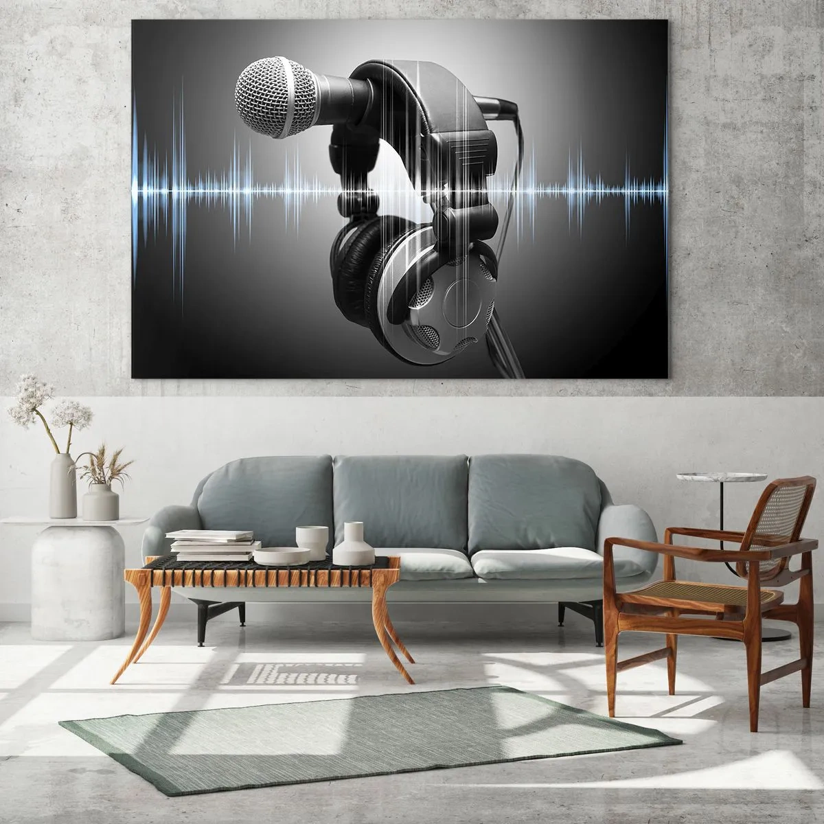 Obraz na szkle - Mikrofon z słuchawkami na tle fal dźwiękowych - 100x70cm - Jeszcze słychać śpiew - Nowoczesna dekoracja ścienna do salonu, kuchni i sypialni ARTTOR