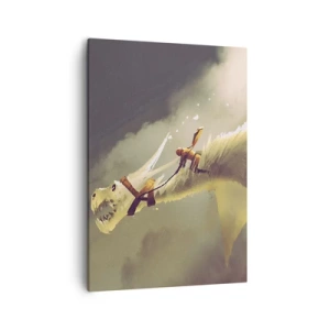 Obraz na płótnie - Fantastyczna ilustracja jeźdźca na smoku wśród chmur w klimatycznej scenerii - 50x70cm - Światu na ratunek - Nowoczesna dekoracja ścienna do salonu, kuchni i sypialni ARTTOR