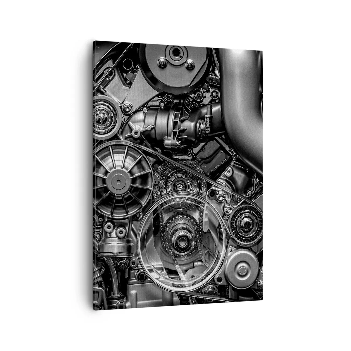 Obraz na płótnie - Czarno-białe zbliżenie na skomplikowany mechanizm silnika - 50x70cm - Poezja mechaniki - Nowoczesna dekoracja ścienna do salonu, kuchni i sypialni ARTTOR