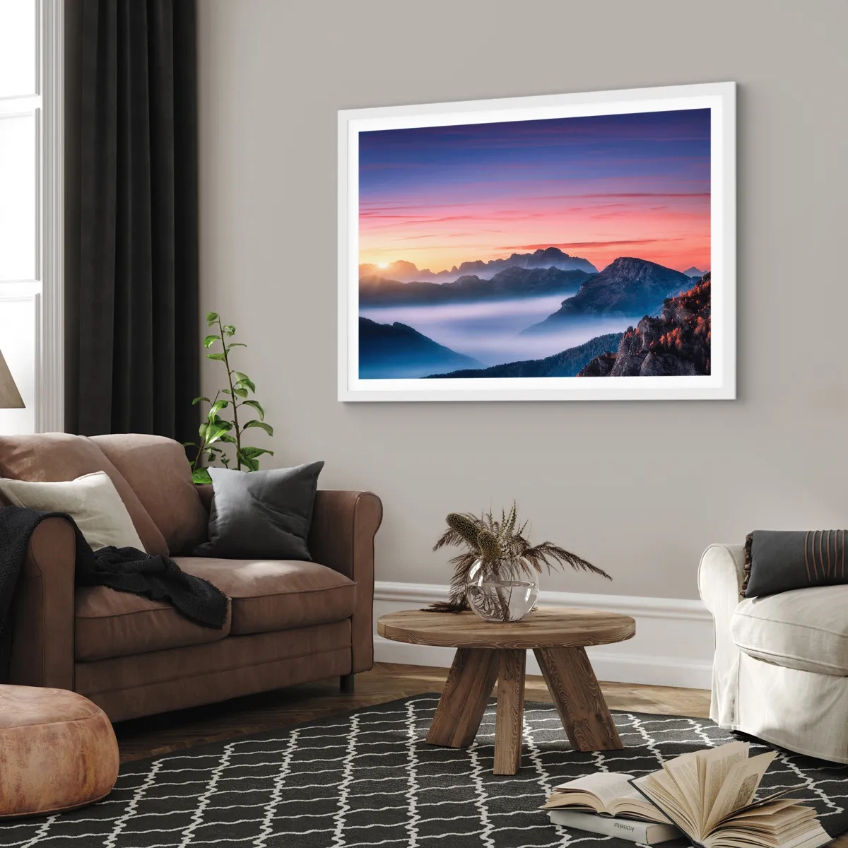 Plakat w białej ramie - Nad dolinami - 100x70 cm