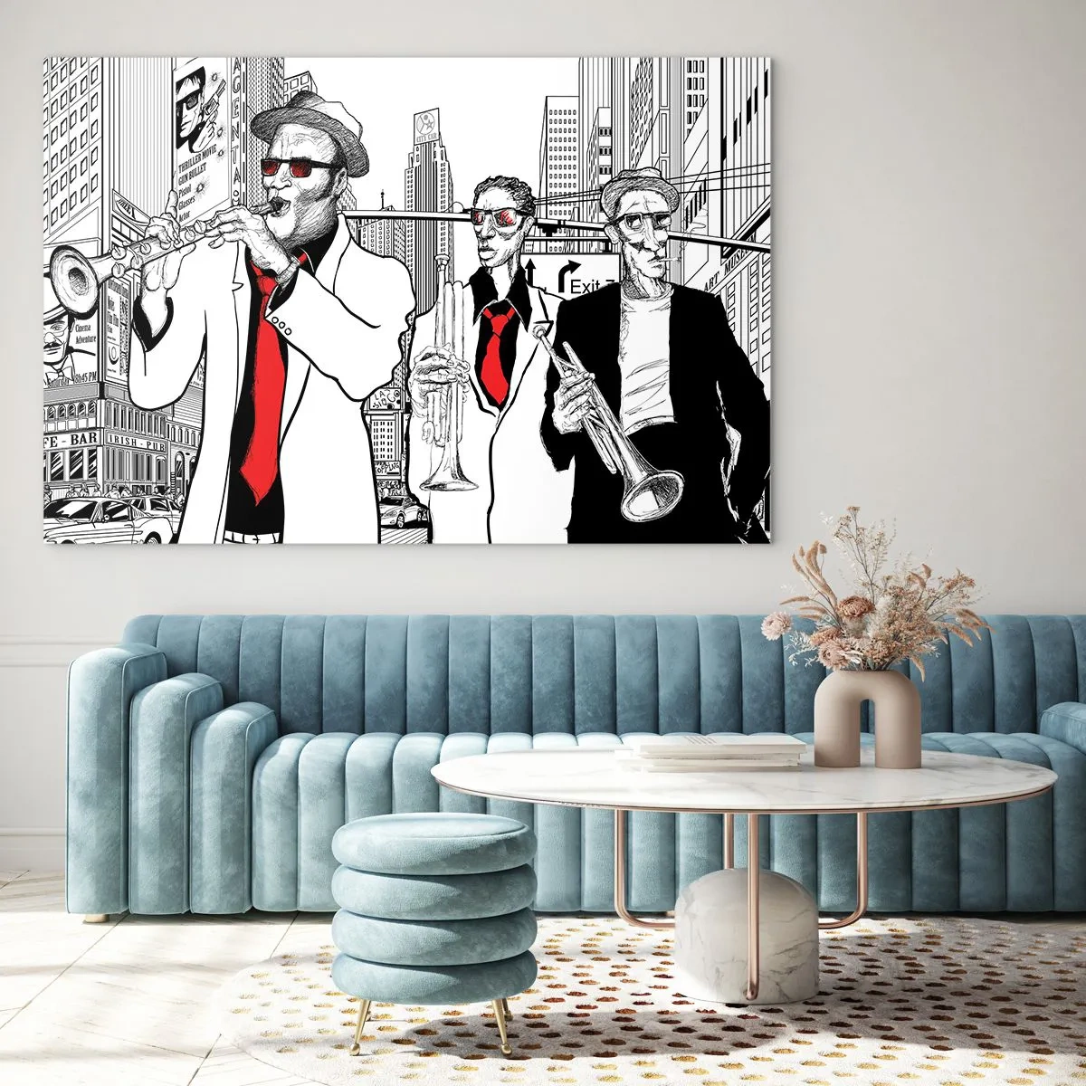 Obraz na szkle - Jazzowy zespół uliczny w nowoczesnym stylu graficznym - 120x80cm - Miejska rapsodia w czerni i czerwieni - Nowoczesna dekoracja ścienna do salonu, kuchni i sypialni ARTTOR