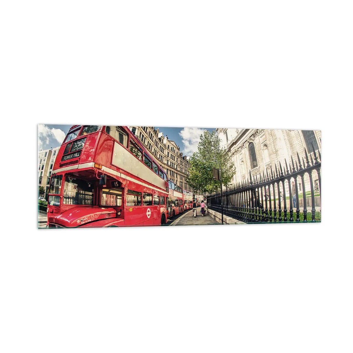 Obraz na szkle - Czerwony piętrowy autobus w Londynie przy ulicy i katedrze - 160x50cm - Londyńska ulica w szarości i czerwieni - Nowoczesna dekoracja ścienna do salonu i sypialni ARTTOR