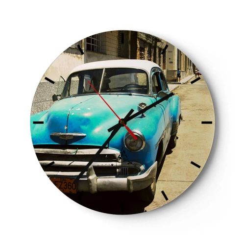 Zegar ścienny - Niebieski klasyczny samochód na ulicy, vintage styl - 30x30cm - Evviva Cuba! - Nowoczesna dekoracja ścienna do salonu, kuchni i sypialni ARTTOR
