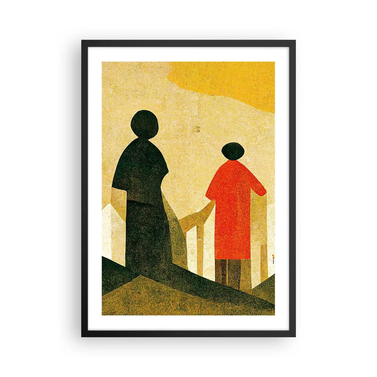 Plakat w czarnej ramie - Geometryczne sylwetki postaci na tle abstrakcyjnego krajobrazu - 50x70cm - Jeszcze daleka droga - Nowoczesna dekoracja ścienna do salonu i sypialni ARTTOR
