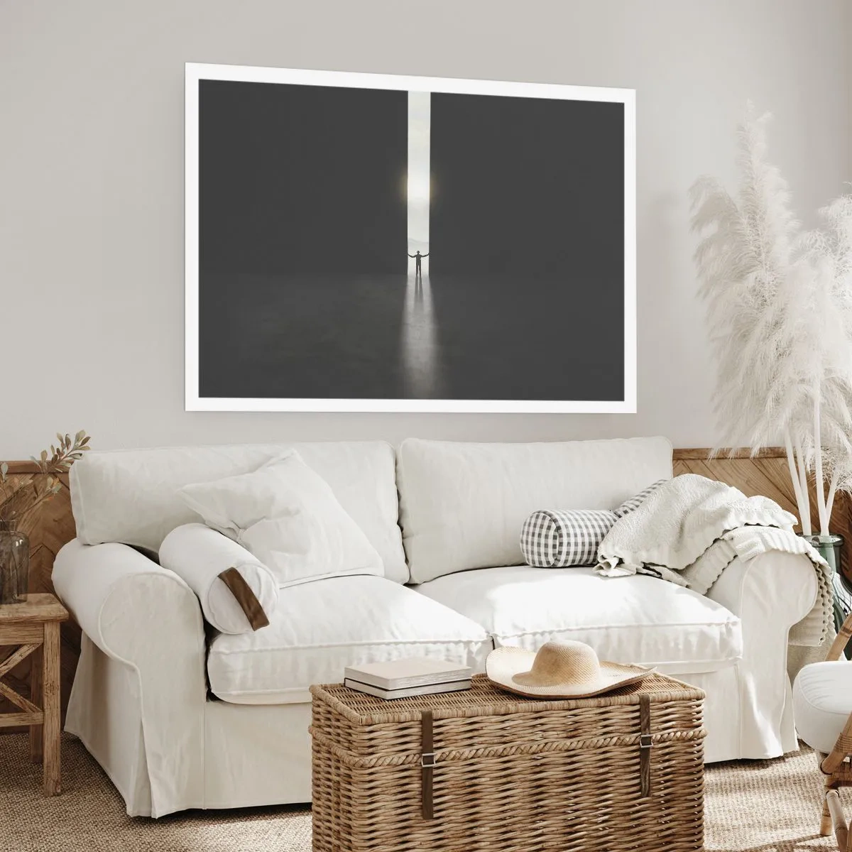 Plakat - Człowiek stojący w świetle wąskiej szczeliny w ciemnej przestrzeni - 100x70cm - Krok do jasnej przyszłości - Nowoczesna dekoracja ścienna do salonu i sypialni ARTTOR