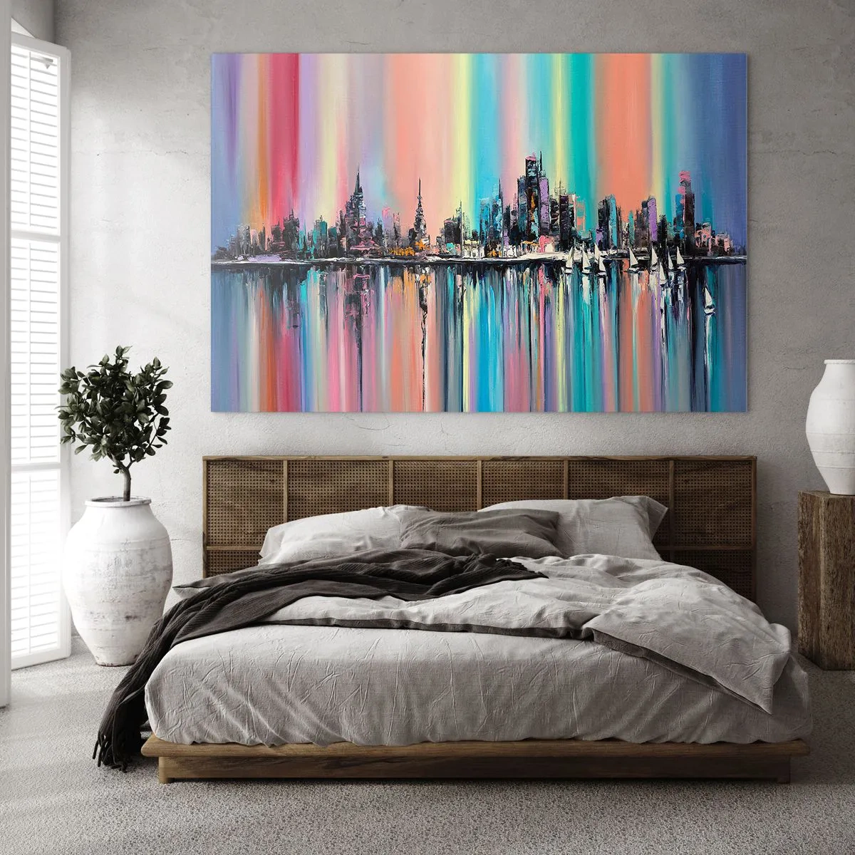 Obraz na szkle - Abstrakcyjna panorama miasta z wielobarwnym tłem - 70x50cm - Spłynąć światłem nocy - Nowoczesna dekoracja ścienna do salonu i sypialni ARTTOR