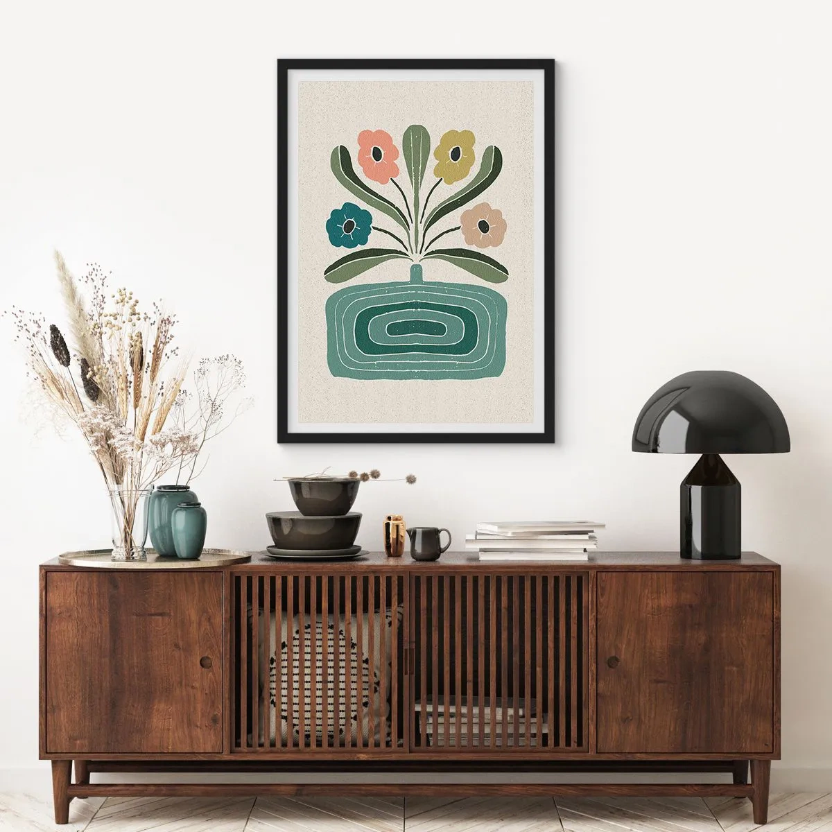 Plakat w czarnej ramie - Stylizowane kwiaty w graficznej kompozycji - 50x70cm - Bukiet symetryczny - Nowoczesna dekoracja ścienna do salonu i sypialni ARTTOR