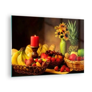 Obraz na szkle - Kompozycja owoców, pieczywa i świecy w rustykalnym stylu - 70x50cm - Martwa natura z pieczywem i owocami - Nowoczesna dekoracja ścienna do salonu i sypialni ARTTOR