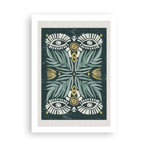 Plakat - Symetryczny wzór z liśćmi i oczami na ciemnym tle - 50x70cm - Jak ludowa wycinanka - Nowoczesna dekoracja ścienna do salonu, kuchni i sypialni ARTTOR