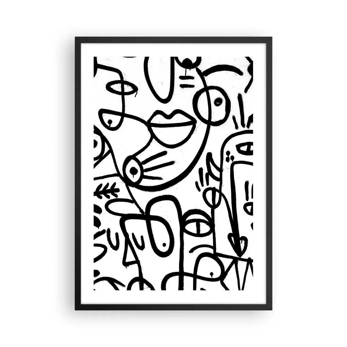 Plakat w czarnej ramie - Abstrakcyjne czarne linie na białym tle - 50x70cm - Twarze i miraże - Nowoczesna dekoracja ścienna do salonu i sypialni ARTTOR