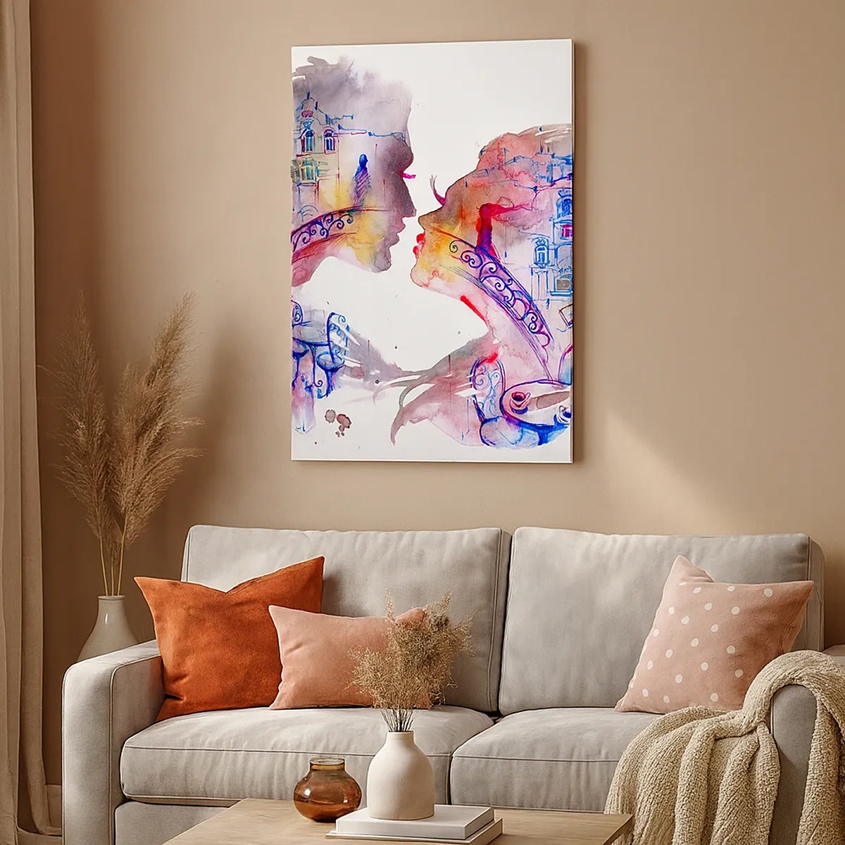 Obraz na płótnie - Artystyczne sylwetki twarzy w romantycznym stylu akwareli - 50x70cm - Tajemny most westchnień - Nowoczesna dekoracja ścienna do salonu, kuchni i sypialni ARTTOR