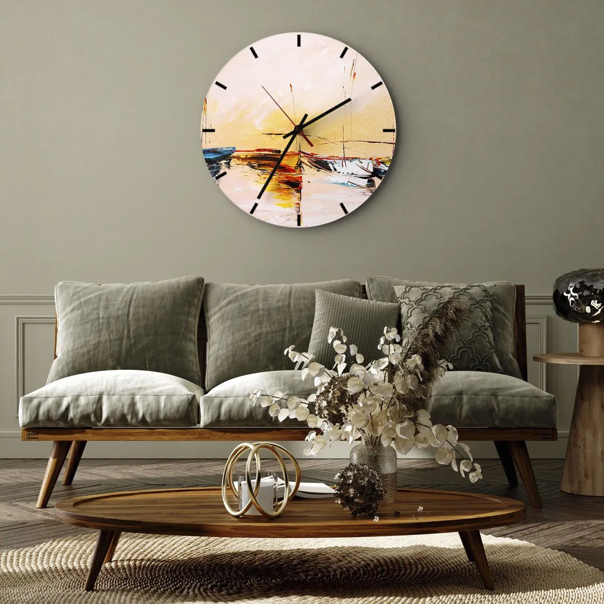 Zegar ścienny - Żaglówki w malarskiej przystani o zachodzie słońca - 30x30cm - Wieczór w przystani - Nowoczesna dekoracja ścienna do salonu, kuchni i sypialni ARTTOR