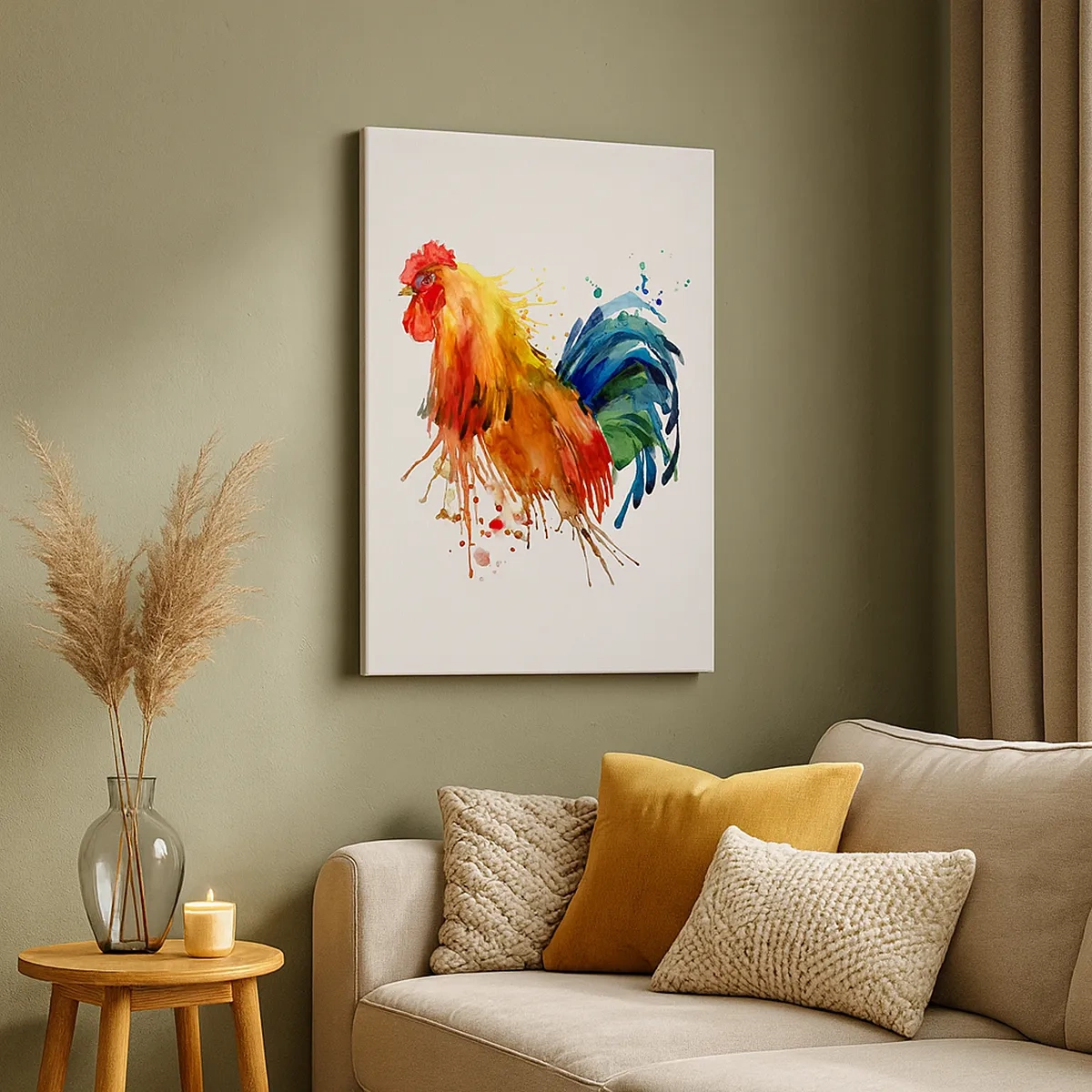 Obraz na płótnie - Akwarelowy kogut w żywych kolorach - 50x70cm - Królewska szata, królewska duma - Nowoczesna dekoracja ścienna do salonu, kuchni i sypialni ARTTOR