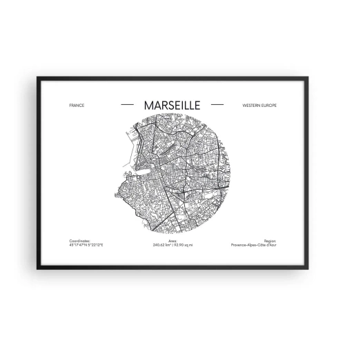 Plakat w czarnej ramie - Mapa Marsylii w minimalistycznym stylu - 100x70cm - Anatomia Marsylii - Nowoczesna dekoracja ścienna do salonu i sypialni ARTTOR