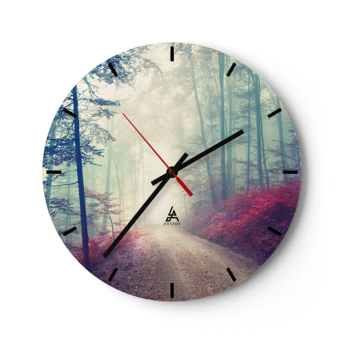 Zegar ścienny - Leśna ścieżka otoczona kolorowymi drzewami w mglistym świetle - 30x30cm - Jak dobrze wstać skoro świt - Nowoczesna dekoracja ścienna do salonu, kuchni i sypialni ARTTOR