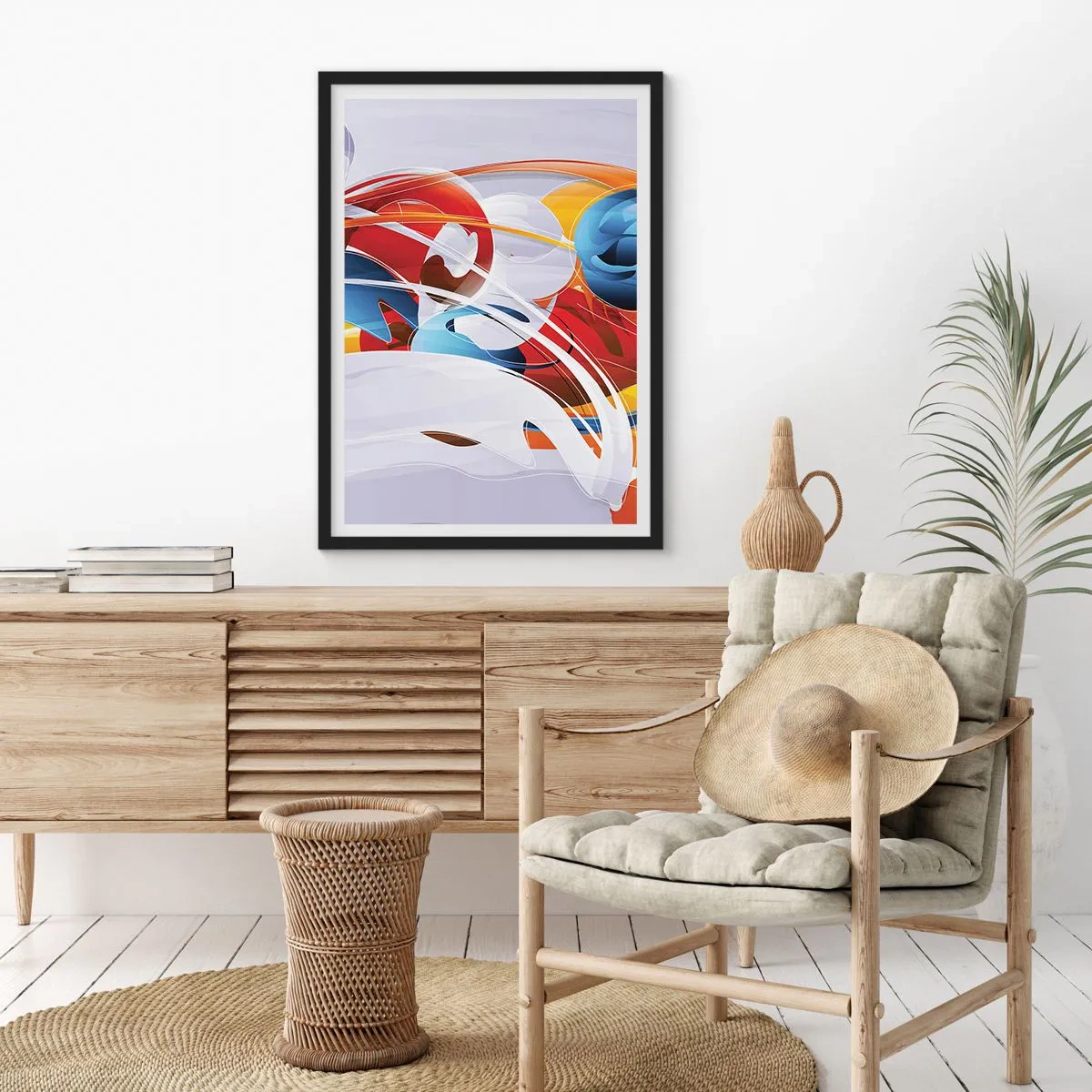 Plakat w czarnej ramie - Kolorowa abstrakcja z dynamicznymi kształtami - 50x70cm - Taniec żywiołów - Nowoczesna dekoracja ścienna do salonu i sypialni ARTTOR