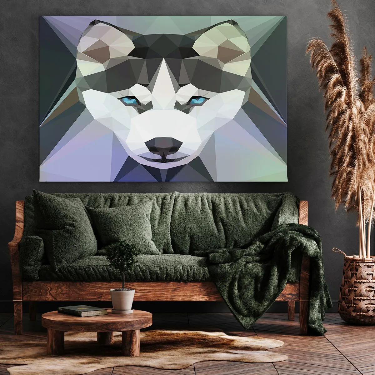Obraz na płótnie - Wilk w geometrycznym stylu z wyrazistymi niebieskimi oczami - 70x50cm - Wspomnienie śniegów północy - Nowoczesna dekoracja ścienna do salonu i sypialni ARTTOR