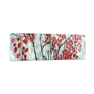 Obraz na szkle - Czerwone liście na tle jasnego nieba z abstrakcyjnymi wzorami - 160x50cm - Drzewo w szkarłacie - Nowoczesna dekoracja ścienna do salonu i sypialni ARTTOR