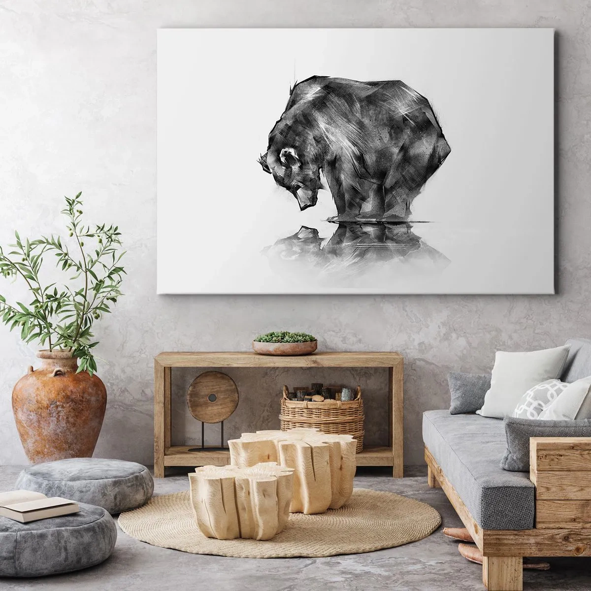 Obraz na płótnie - Rysunek niedźwiedzia w minimalistycznym stylu - 70x50cm - Miło zobaczyć się z kimś bliskim - Nowoczesna dekoracja ścienna do salonu i sypialni ARTTOR