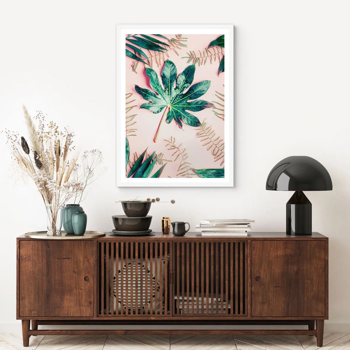 Plakat w białej ramie - Studium zieleni na różowym tle - 30x40 cm