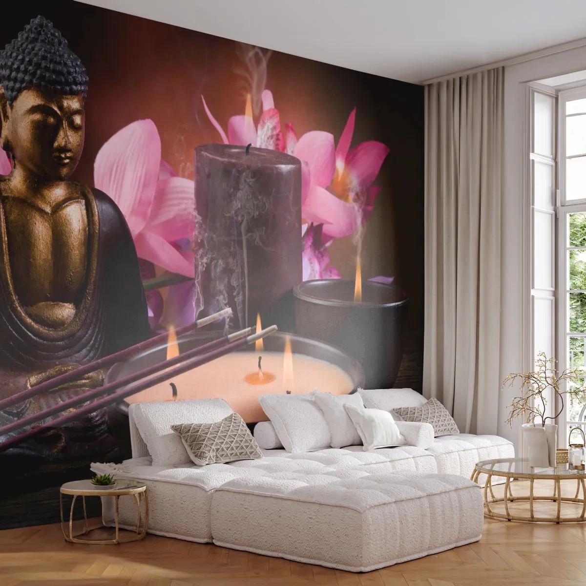 Fototapeta Premium Canvas - Oczyścić umysł, uspokoić ciało - Budda, Religia, Kwiaty - 250x175 cm