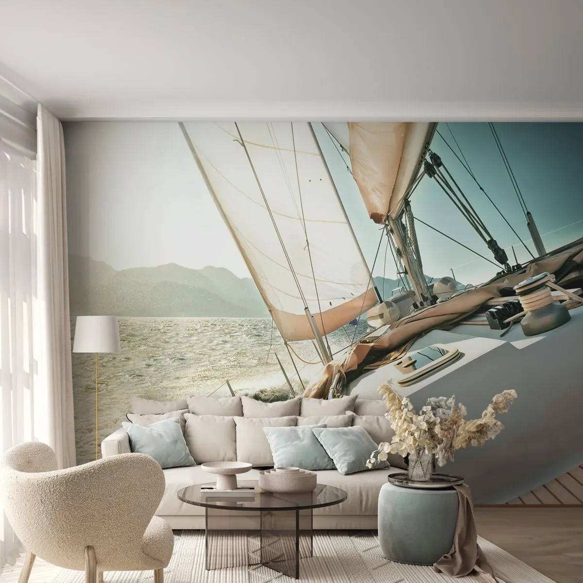 Fototapeta Premium Sand - Rejs jachtem przy pełnych żaglach po spokojnym morzu - 100x70cm - Pod pełnymi żaglami - Nowoczesna dekoracja ścienna do salonu, kuchni i sypialni ARTTOR