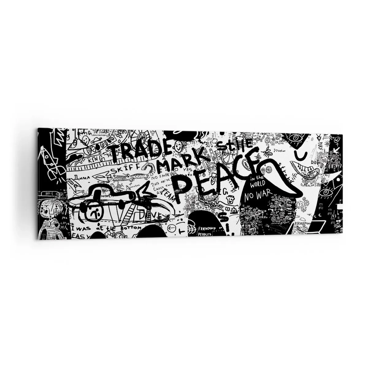 Obraz na płótnie - Czarno-biała grafika z motywami graffiti - 160x50cm - Bogaty świat ulicy - Nowoczesna dekoracja ścienna do salonu i sypialni ARTTOR