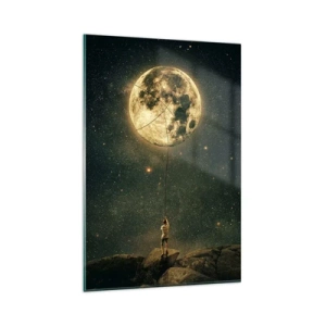 Obraz na szkle - Człowiek z Księżycem na tle gwieździstego nieba - 80x120cm - Jeden taki, co ukradł Księżyc - Nowoczesna dekoracja ścienna do salonu i sypialni ARTTOR