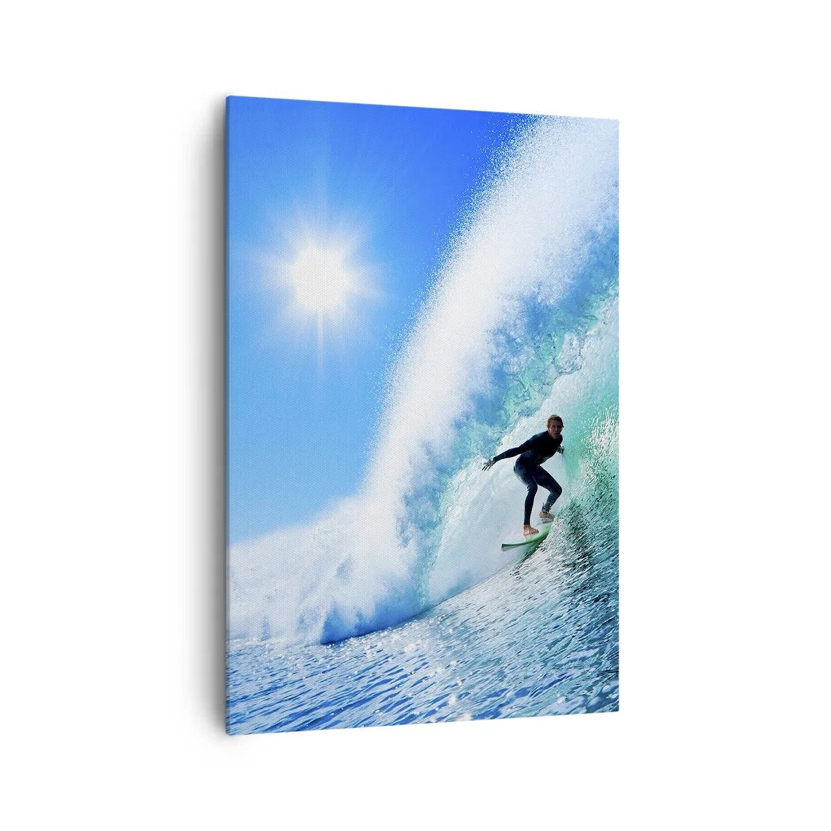 Obraz na płótnie - Surfer na desce pływający wewnątrz potężnej fali pod błękitnym niebem - 70x100cm - Przez wielki błękit - Nowoczesna dekoracja ścienna do salonu i sypialni ARTTOR