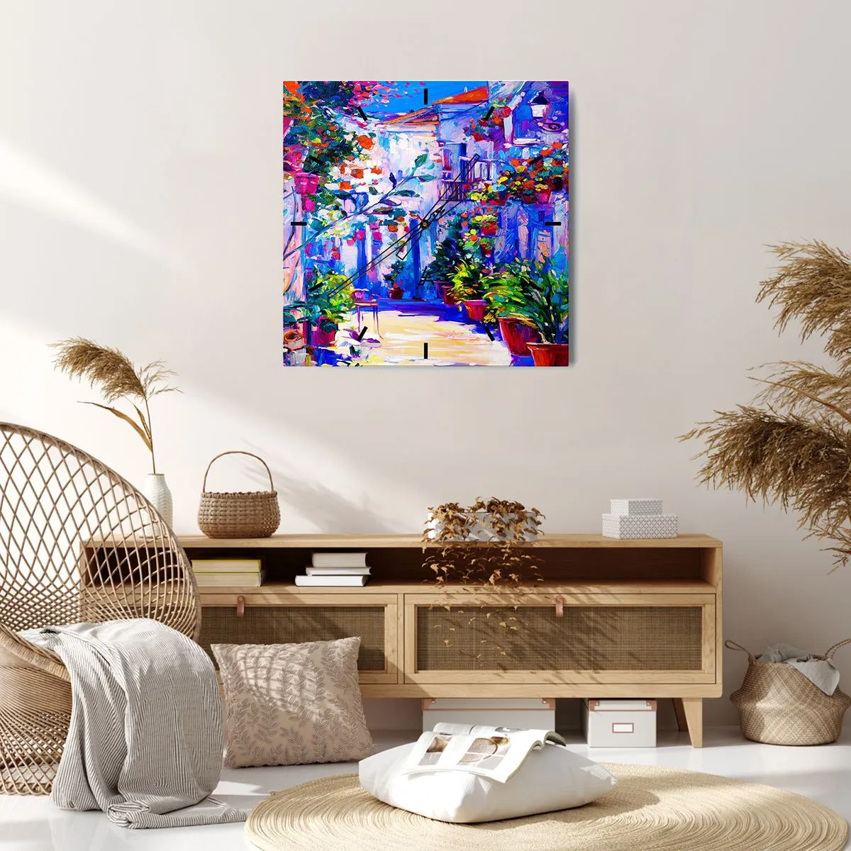 Zegar ścienny - Kolorowa uliczka pełna kwiatów - 30x30cm - Impresja - włoska uliczka - Nowoczesna dekoracja ścienna do salonu i sypialni ARTTOR